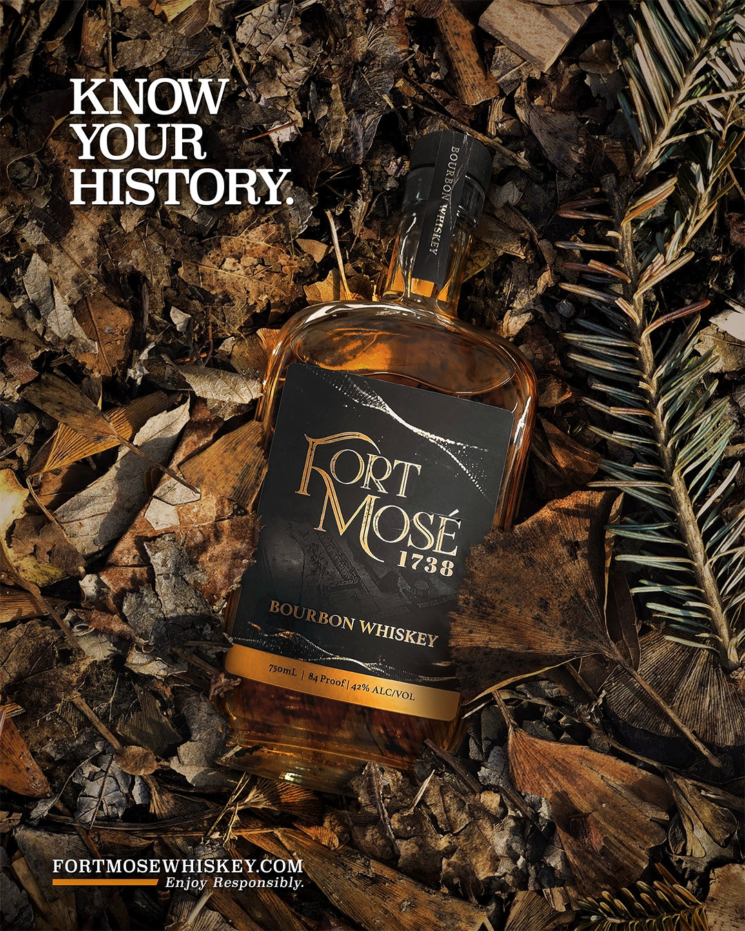 Know Your History Fort Mosé 1738 Bourbon Whiskey laying in leaves named after first city black people could live free in America