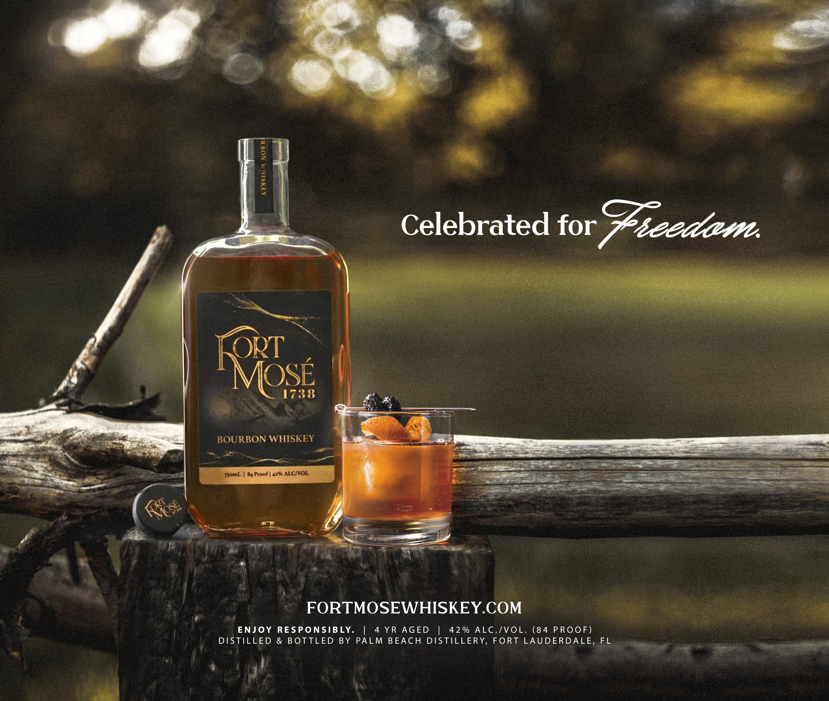 Black Owned Liquor Fort Mosé 1738 Bourbon Whiskey with glass of Old Fashioned 